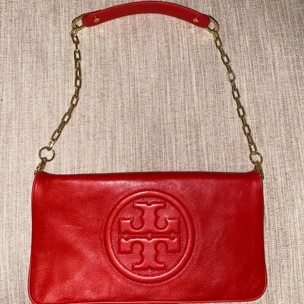 Tory Burch Red Leather Shoulder Bag with Gold Chain